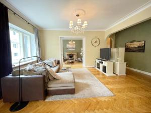 ein Wohnzimmer mit einem Sofa und einem TV in der Unterkunft Spacious apartment in city center in Tallinn