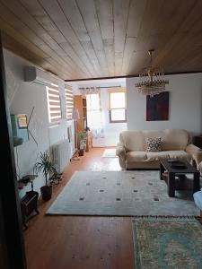 a living room with a couch and a chandelier at Apartman Jamaković in Sarajevo