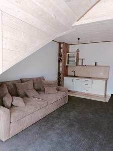 a living room with a couch and a kitchen at Apartamenty Polańczyk in Polańczyk