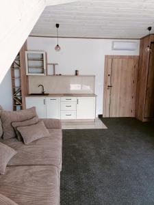 a living room with a couch and a kitchen at Apartamenty Polańczyk in Polańczyk