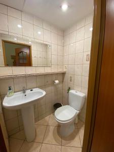 y baño con aseo blanco y lavamanos. en Apartament w Willi Cis, en Krynica-Zdrój