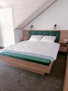 a bedroom with a large bed with a green headboard at Apartamenty Polańczyk in Polańczyk