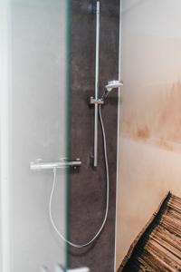 a shower in a bathroom with a glass door at Hökis-Zimmervermietung 7 in Brande-Hörnerkirchen