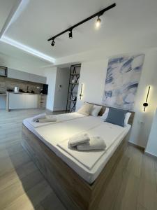 1 dormitorio blanco grande con 1 cama grande y 2 almohadas en Dora Family Apartments Budva, en Budva