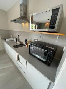 La cocina está equipada con horno tostadora y microondas. en Bois Mapou Self Catering Apartments Unit 201 en Rivière Noire