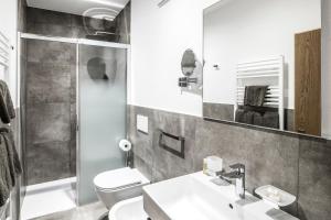 a bathroom with a sink and a toilet and a mirror at Laube35 Central City Apartments in Vipiteno
