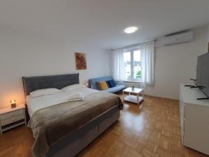 um quarto com uma cama, uma cadeira e uma janela em Apartment Zala with free parking Tour As Ljubljana em Ljubljana