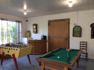 a living room with a pool table and a door at Moulin de la Peyriere in Cazes-Mondenard