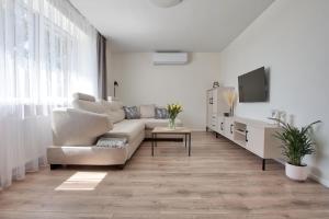 sala de estar con sofá y TV en Aušros apartamentai en Utena