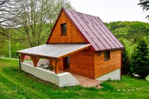 una pequeña casa de madera con techo rojo en Letovisko Chobot - village resort, en Kácov