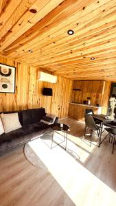ein Wohnzimmer mit einem Sofa und einem Tisch in der Unterkunft Luxe Tiny House bij het Leekstermeer in Matsloot