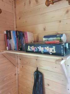ein Bücherregal mit Büchern und Büchern in der Unterkunft Almost Heaven - cabană cu vedere în Apuseni in Câmpeni