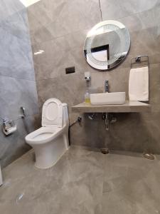 a bathroom with a toilet and a sink and a mirror at Aranya Mukteshwar in Mukteswar