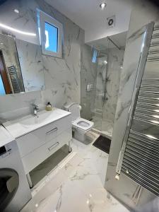 y baño con aseo, lavabo y ducha. en Casa Teresa, en Cluj-Napoca