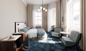 カルロヴィ・ヴァリにあるOREA Place Carlsbadのベッドルーム1室(ベッド1台、椅子付)
