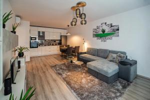 sala de estar con sofá y cocina en City Apartman Székesfehérvár, en Székesfehérvár