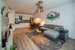 a living room with a couch and a kitchen at City Apartman Székesfehérvár in Székesfehérvár +6 photos