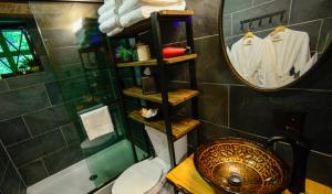 a bathroom with a sink and a toilet and a mirror at Vikings Villages Resort in Guilford