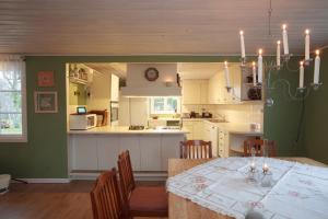 a kitchen with a table and chairs and a dining room at The Wine Lodge-Bo på vingård in Vittsjö