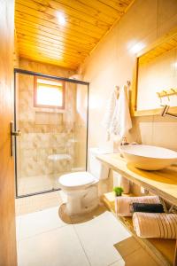 a bathroom with a shower and a toilet and a sink at Pousada Sonho Meu in Camanducaia