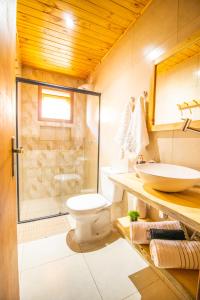 een badkamer met een douche, een toilet en een wastafel bij Pousada Sonho Meu in Camanducaia
