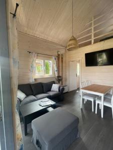 a living room with a couch and a table at Przystanek Prawdowo in Mikołajki