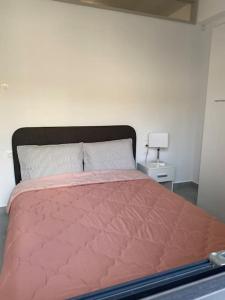 a bed in a room with a pink blanket on it at Olympia's Guest House in Volos