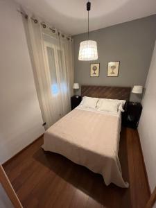 um quarto com uma cama e uma luz pendente em Lavapiés Classy em Madri