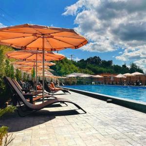a couple of chairs with umbrellas next to a pool at Kolyba Club in Stanishovka