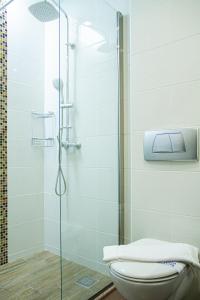 a bathroom with a glass shower with a toilet at Hotel Rodon in Paralia Katerinis