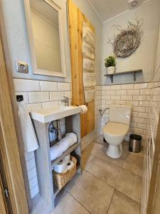łazienka z umywalką i toaletą w obiekcie Vitalny Domek z ogrodem nad jeziorem, 10 min od Mrągowa w mieście Ruska Wieś