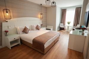 Habitación de hotel con cama grande y escritorio. en Nova Plaza Orion Hotel, en Estambul
