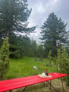 a red picnic table in a field with trees at Bungalovi Mijakovici in Pljevlja