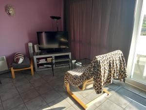 ein Wohnzimmer mit einem Leoparden-Druckessel und einem TV in der Unterkunft Mimosa M302 Park Atlantis in De Haan