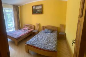 コシフにあるGuest house Dvir Pysankaの黄色い壁の客室で、ベッド2台、窓が備わります。
