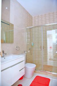 uma casa de banho com um chuveiro, um WC e um lavatório. em Duarte Apartments - Laginha em Mindelo