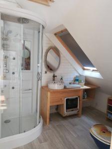 a bathroom with a shower and a sink at Retro Apartment Graz in Graz