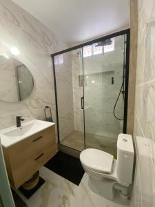 La salle de bains est pourvue d'une douche, de toilettes et d'un lavabo. dans l'établissement La Suite des Platanes, à Perpignan