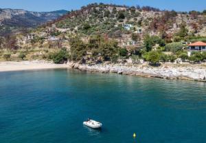 a small boat in the water next to a beach at Petra Mare Apartments in Alyki