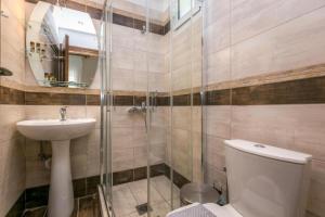 a bathroom with a shower and a toilet and a sink at Petra Mare Apartments in Alyki