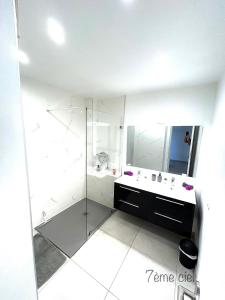 a white bathroom with a shower and a sink at Bienvenue au 7ème ciel dans le spacieux T3 ! in Fort-de-France