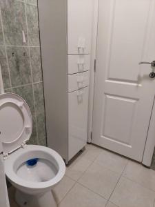 baño con aseo blanco y puerta en Jana apartments, en Tivat