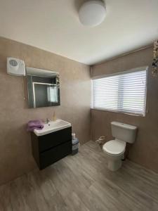 W łazience znajduje się umywalka, toaleta i lustro. w obiekcie Luxury holiday rental with sea views on the Wild Atlantic Way w mieście Tralee