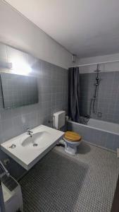 a bathroom with a sink and a toilet and a tub at Reiheneckhaus mit Garten und Terasse in Tettnang