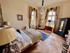 - une chambre avec un lit et un lustre dans l'établissement Chateau les Villettes, à Saint-Just-le-Martel