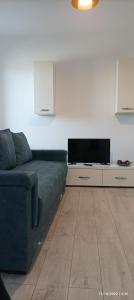 un soggiorno con divano blu e TV di Sea North Apartament a Mamaia