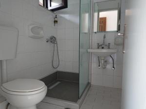 a bathroom with a shower and a toilet and a sink at Postman's house in Parga