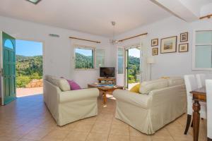 a living room with two couches and a tv at The Bay House in Vathi, Ithaka