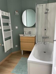bagno con doccia, lavandino e specchio di Appartement Le Fayot a Wimereux