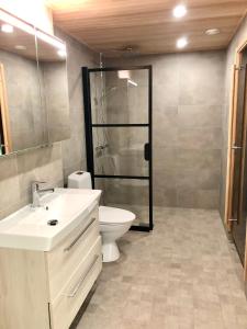 a bathroom with a shower and a sink and a toilet at Upea kohde Näsijärven rannassa in Tampere